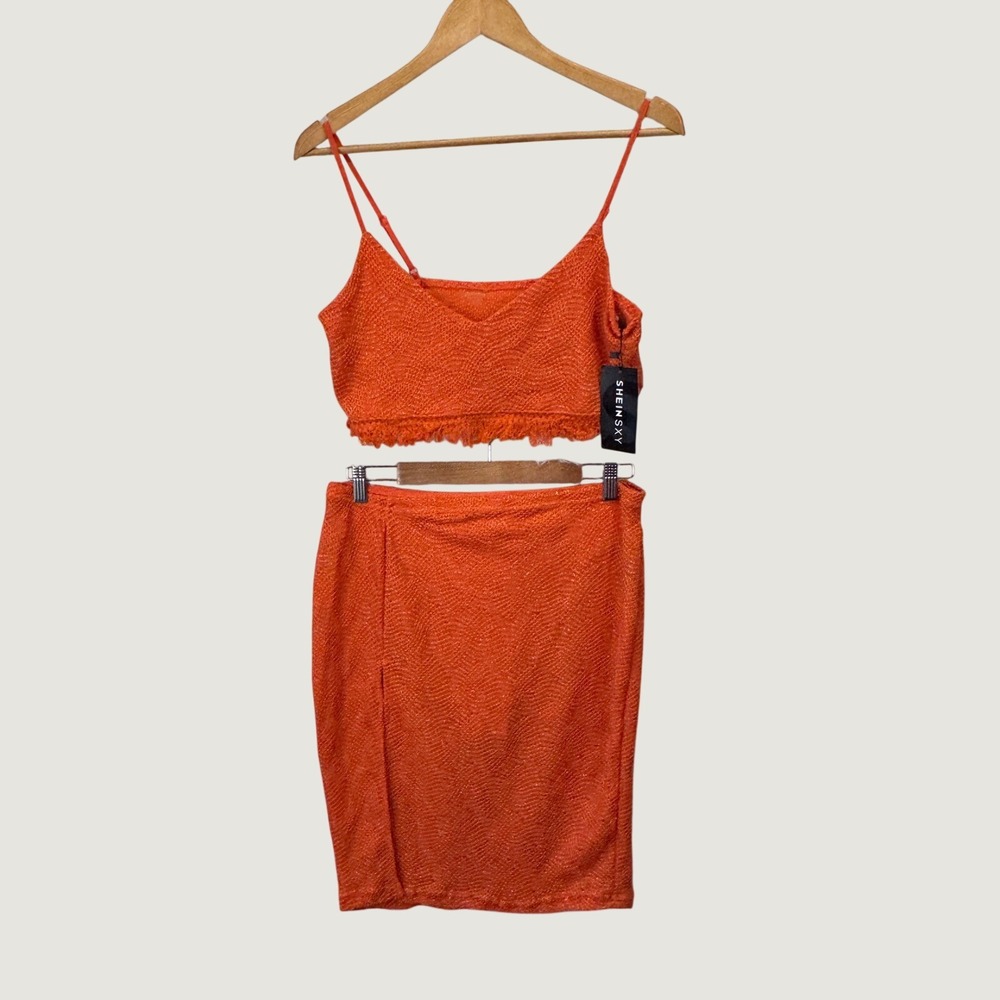 Shein SXY Skirt Set Womens XL Orange Knit Crop Top Mini Skirt Festival Boho NEW